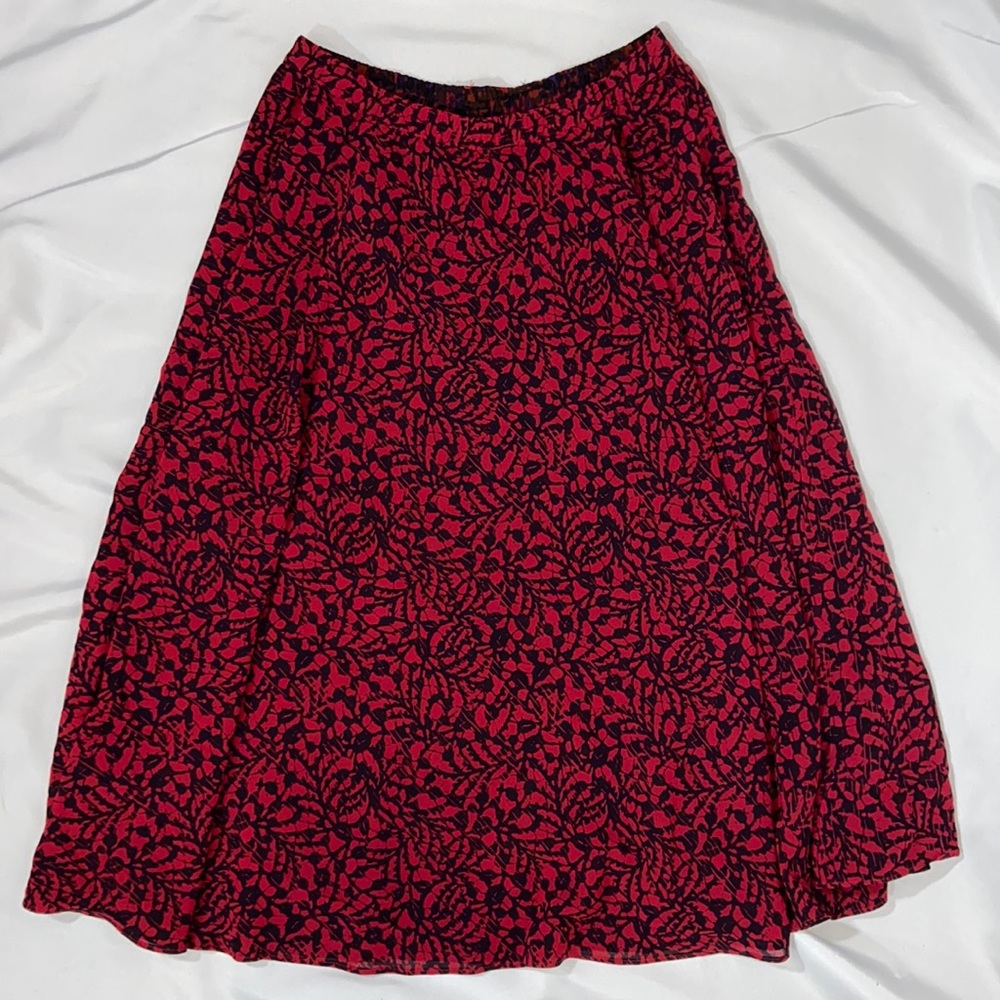 Long midi skirt - reversible abstract patterned, maroon, blue, orange, & black